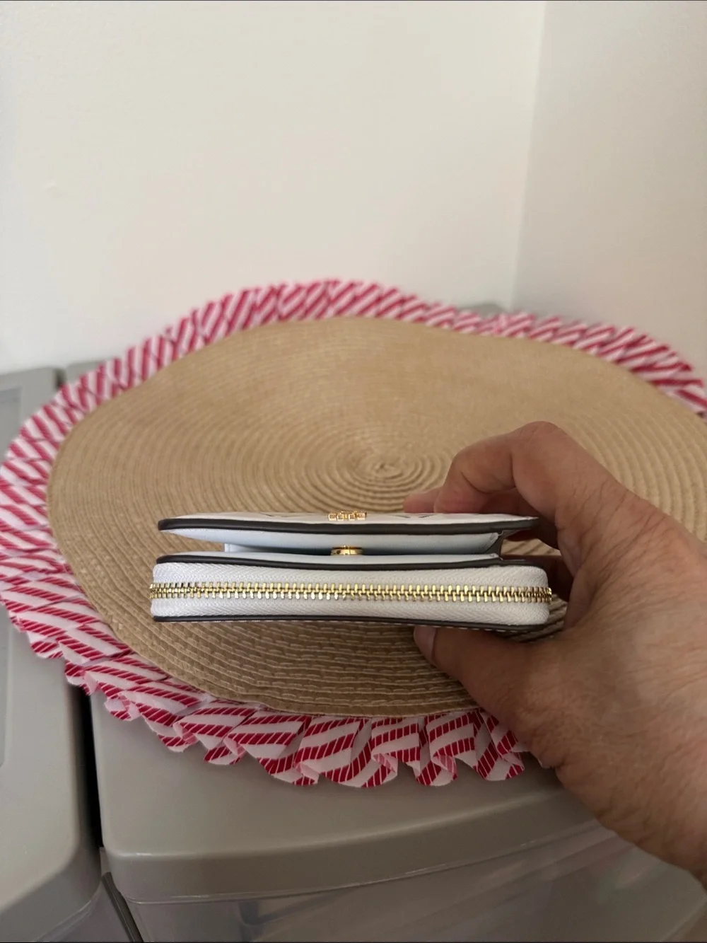 Tory Burch White Perforated Patent Zip Wallet with Gold Logo
